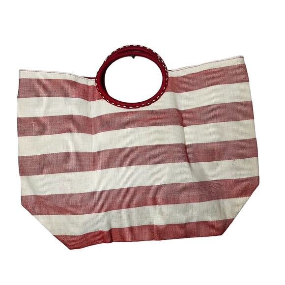 NWT CRABTREE & EVELYN Red White Striped Wrapped Circular Handles Beach Tote - Picture 1 of 9